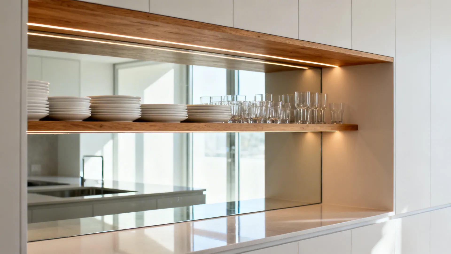 Floating oak shelf with white plates over a reflective low-iron glass backsplash and under-shelf LED lighting.