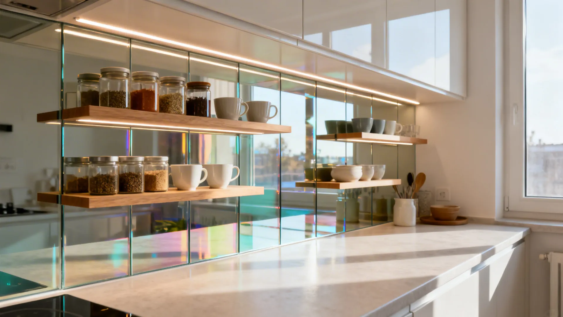 Tinted glass backsplash with shallow floating shelves and LED task lighting in a small kitchen.