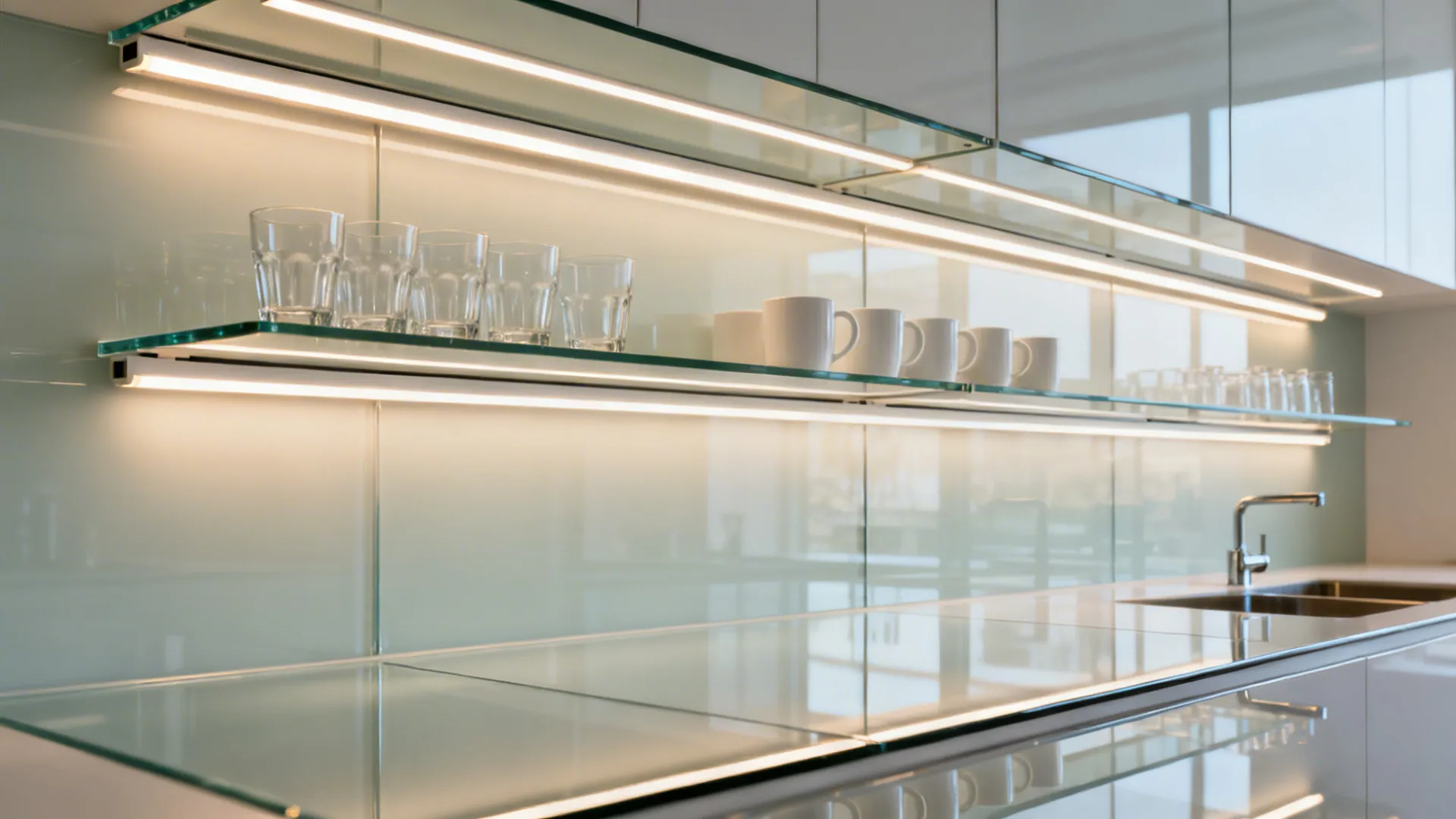 Small galley kitchen with low-iron glass floating shelves and a glossy glass backsplash.