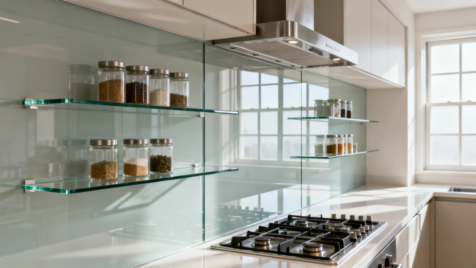 Glass shelf + full-height backsplash for visual depth