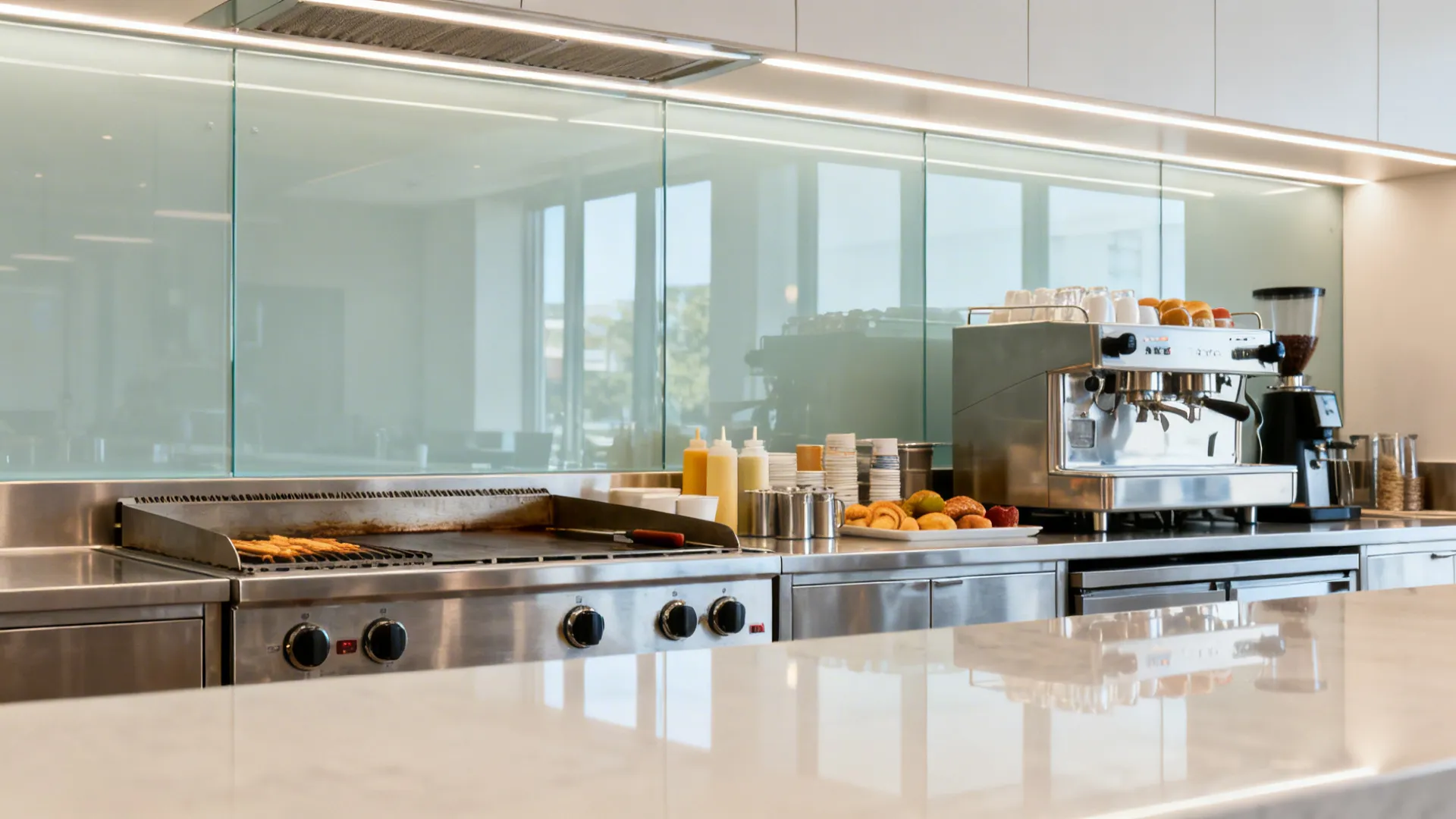 Modern kitchen with stainless steel stove, coffee machine, light blue glass backsplash and marble counter