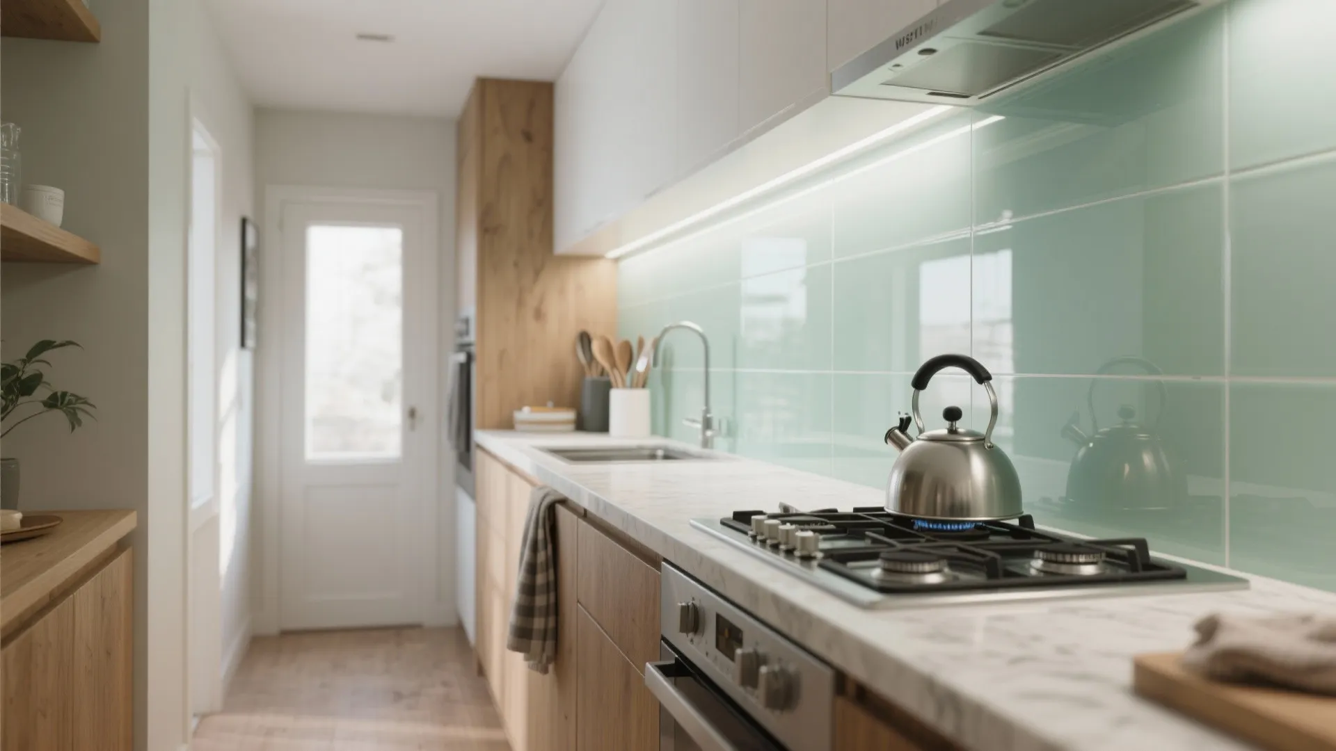 Stainless steel kettle on gas stove in narrow kitchen with green wall tiles and wood cabinets