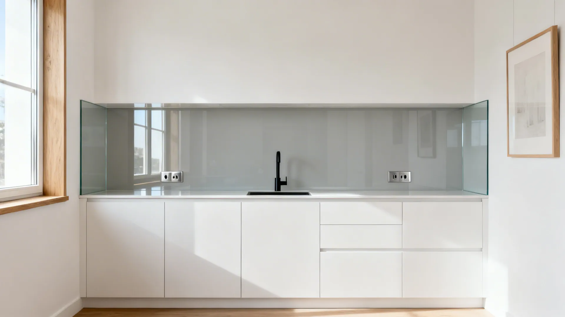 Pale gray glass backsplash reflecting light in a compact kitchen nook.