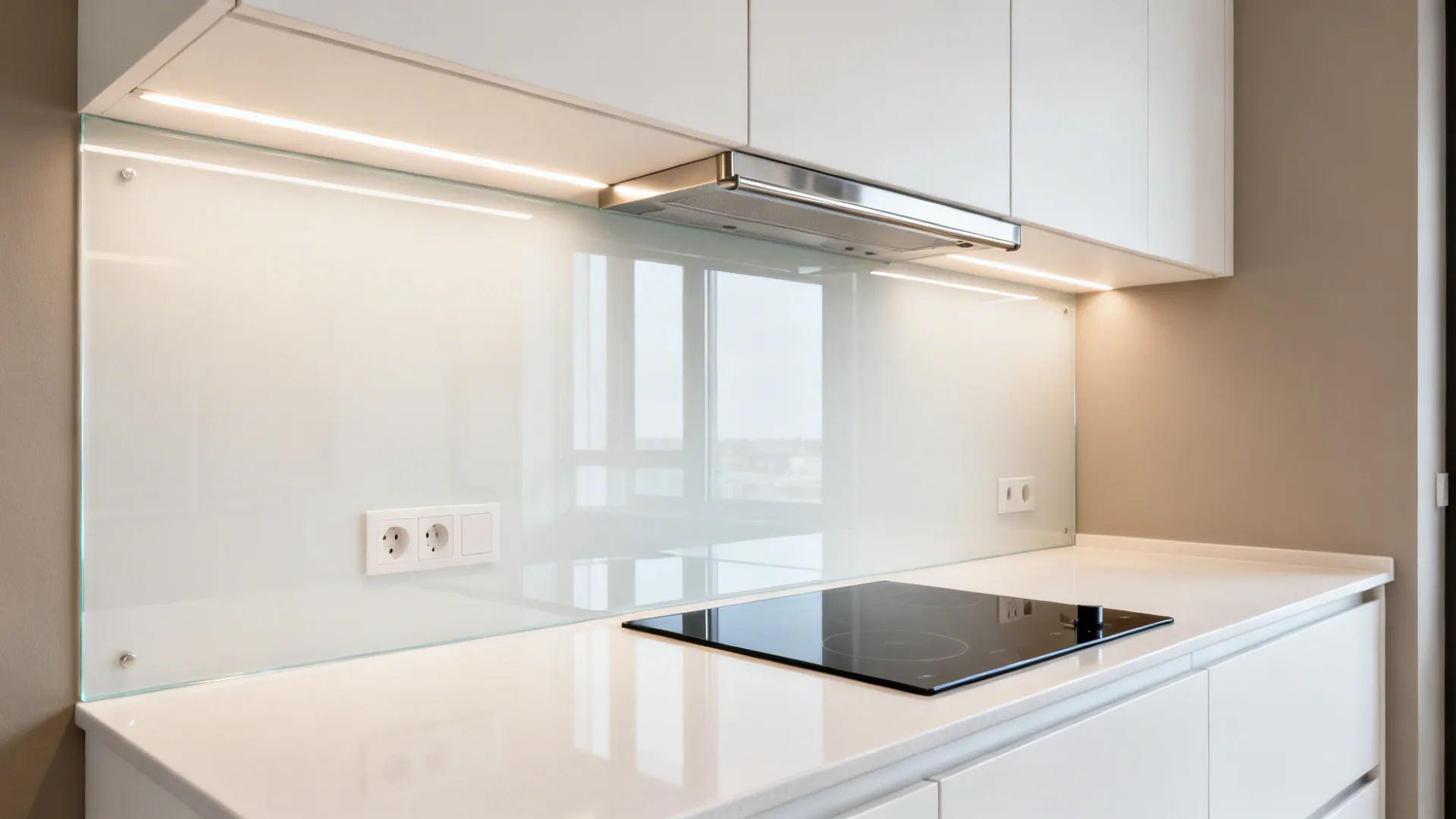 Small kitchen with seamless back-painted glass backsplash reflecting soft light.