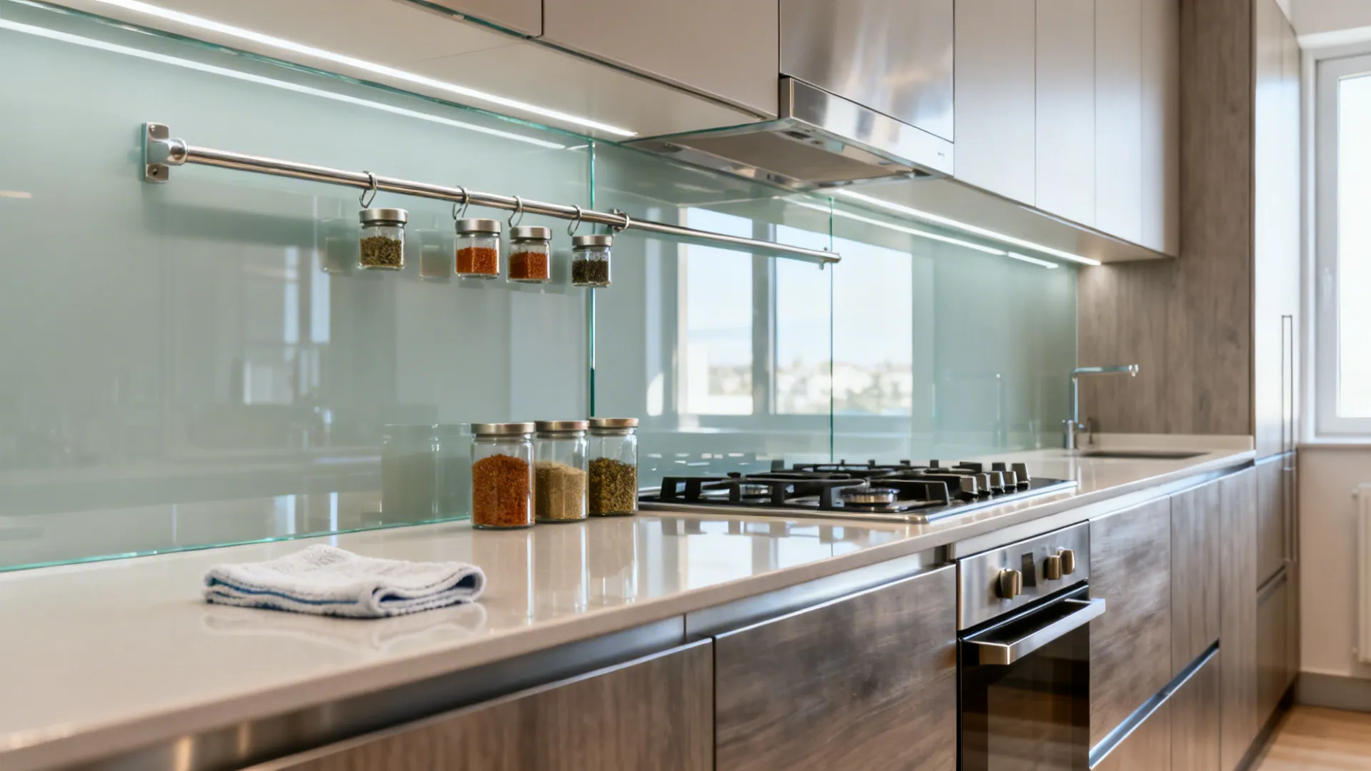 Glass backsplash and jars for airy brightness