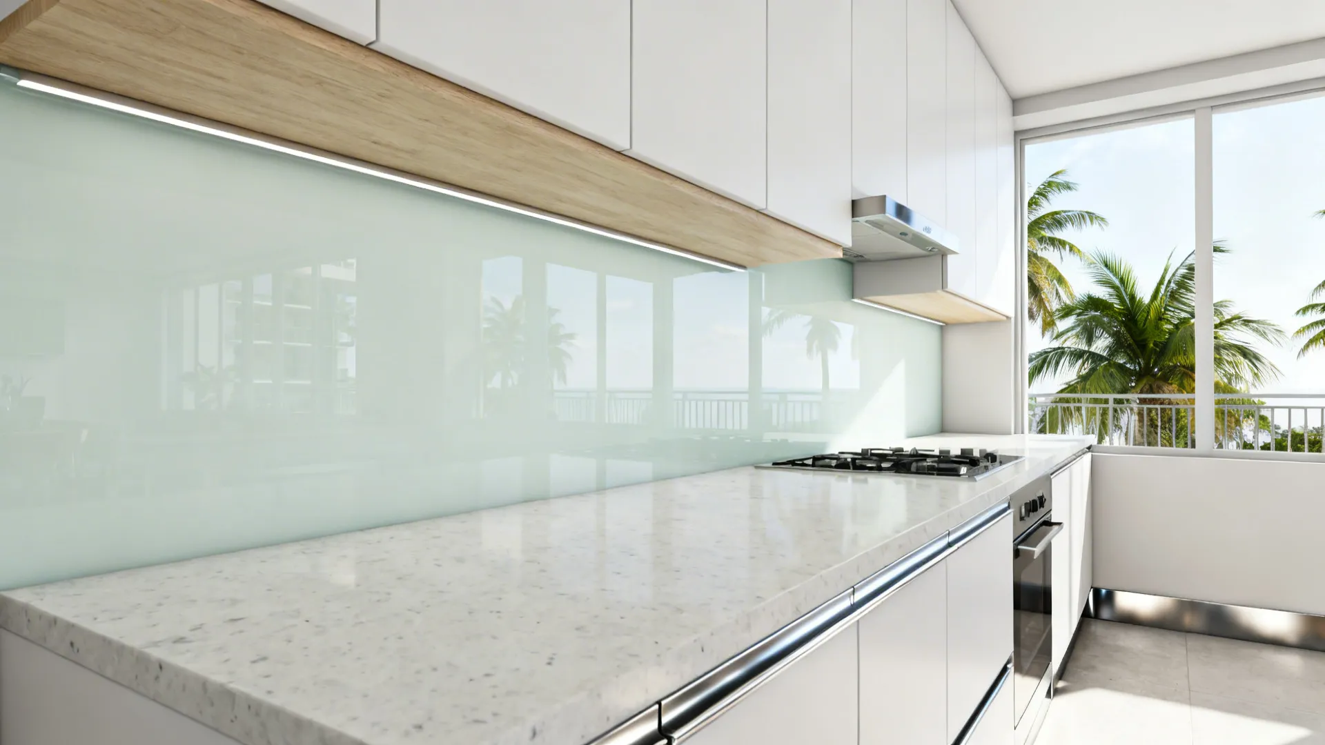 Modern kitchen with white cabinets marble countertop green glass backsplash gas stove and palm trees