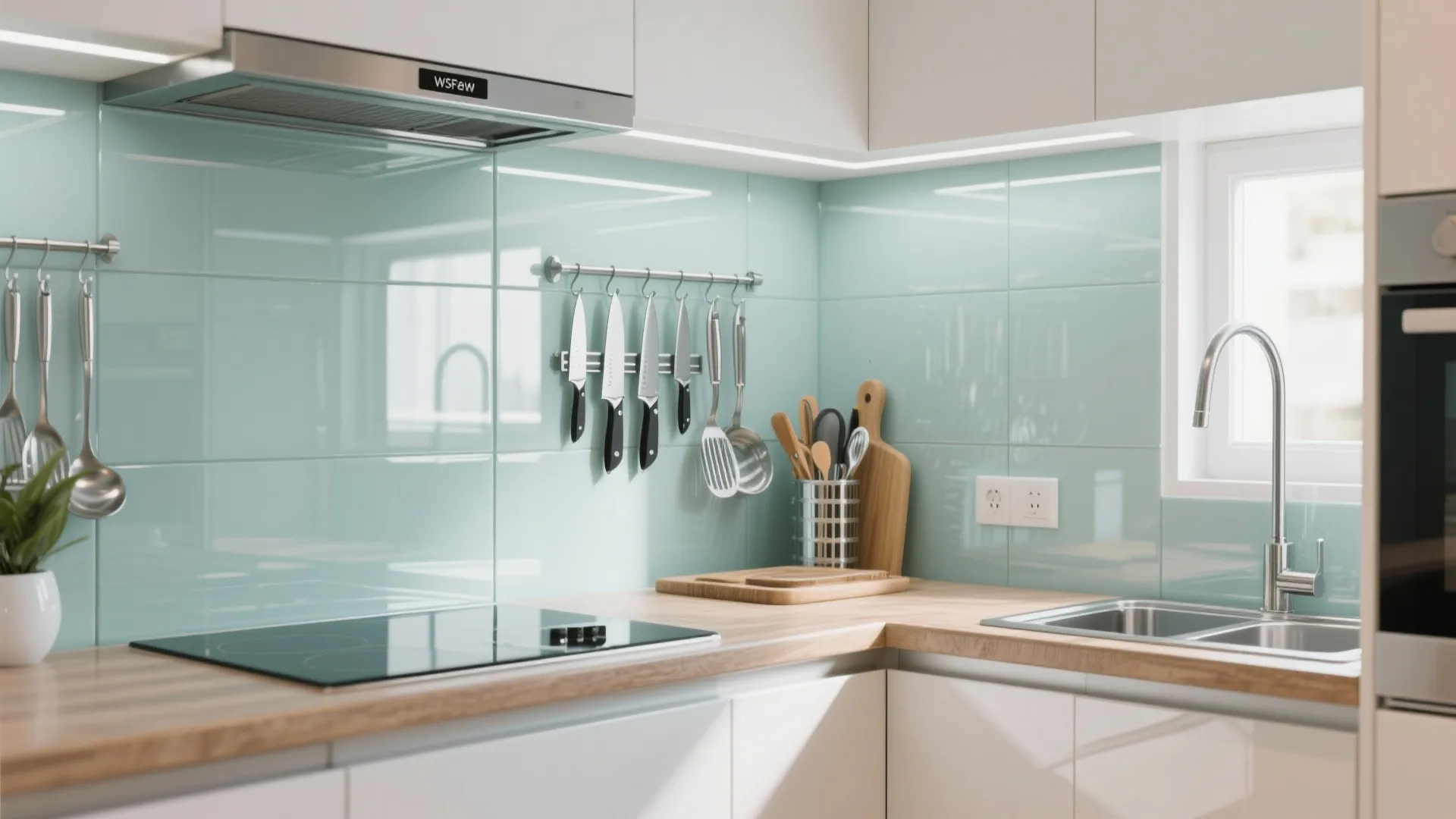 Bright kitchen with light blue glass tile walls hanging knife rack and wood finish countertops