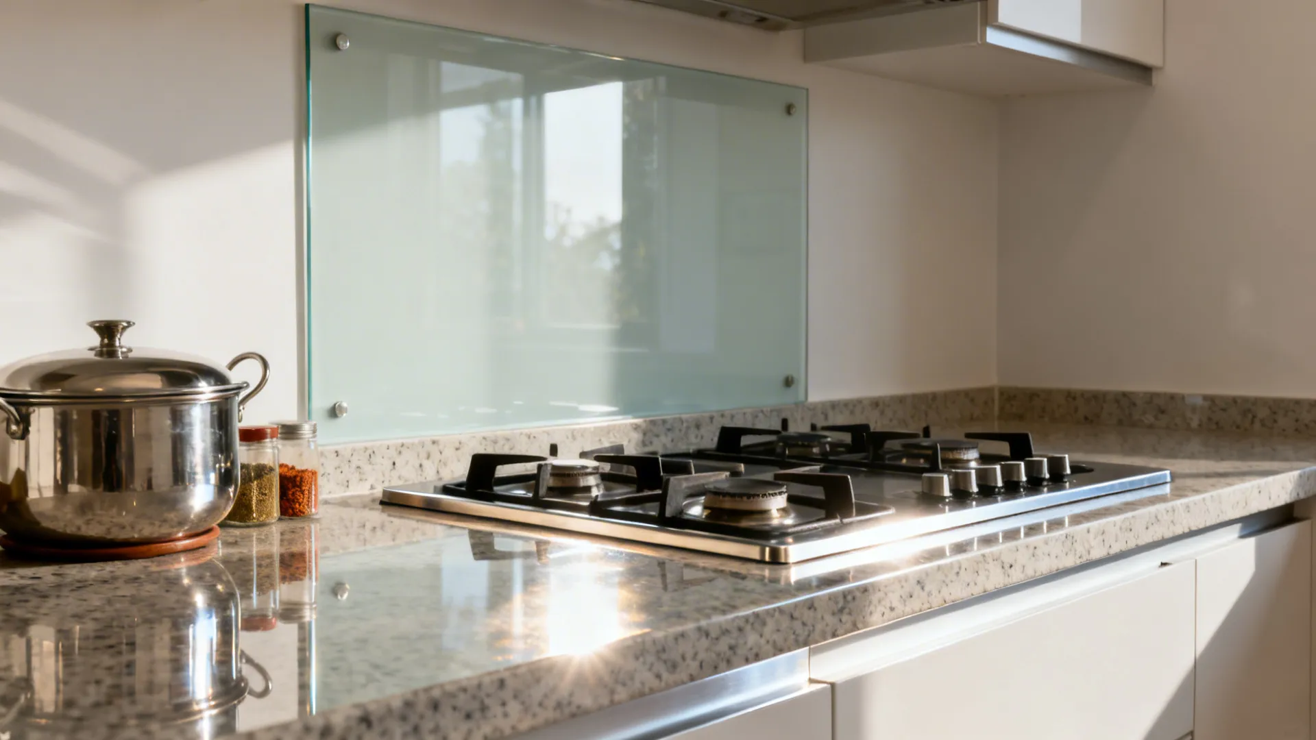 Tempered glass backsplash behind a hob with quartz counters in a compact Indian kitchen.