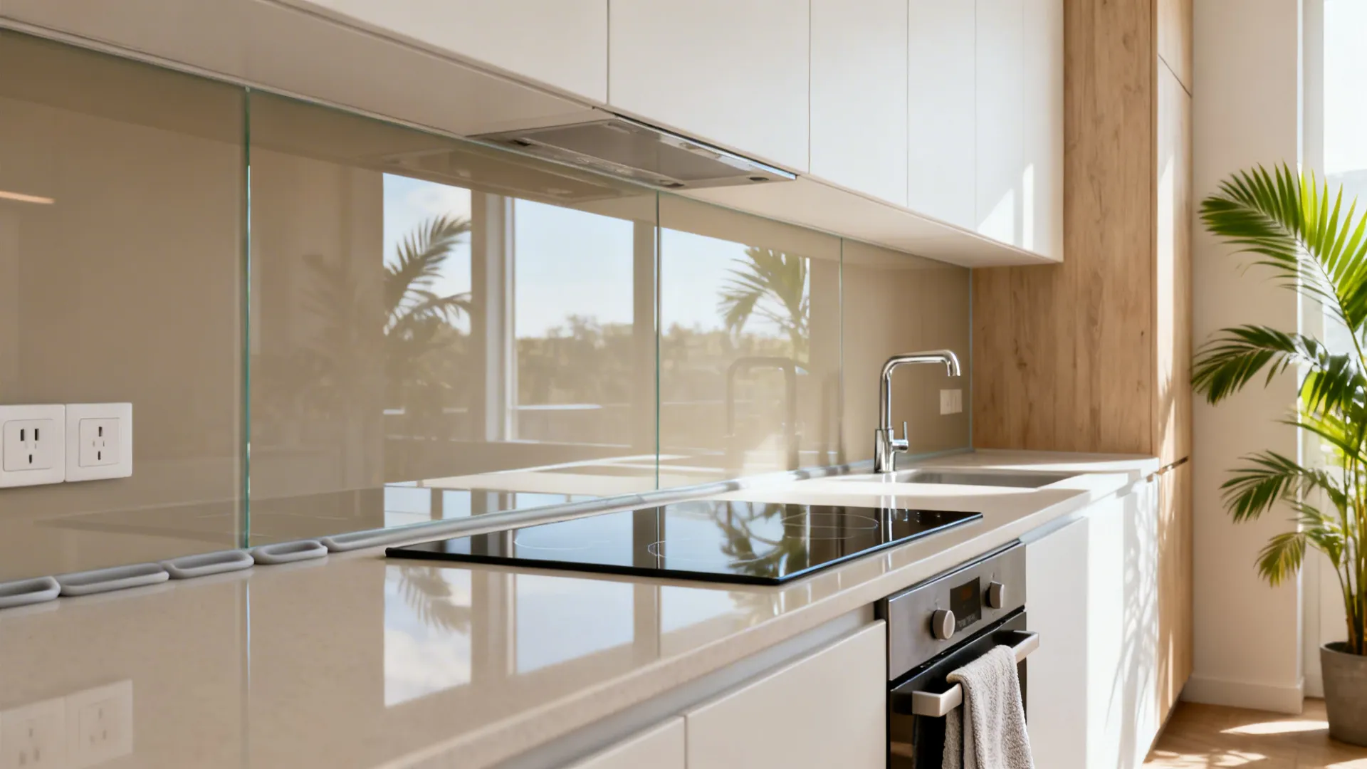 Tempered glass backsplash with pale taupe backing reflecting light in a narrow galley kitchen.