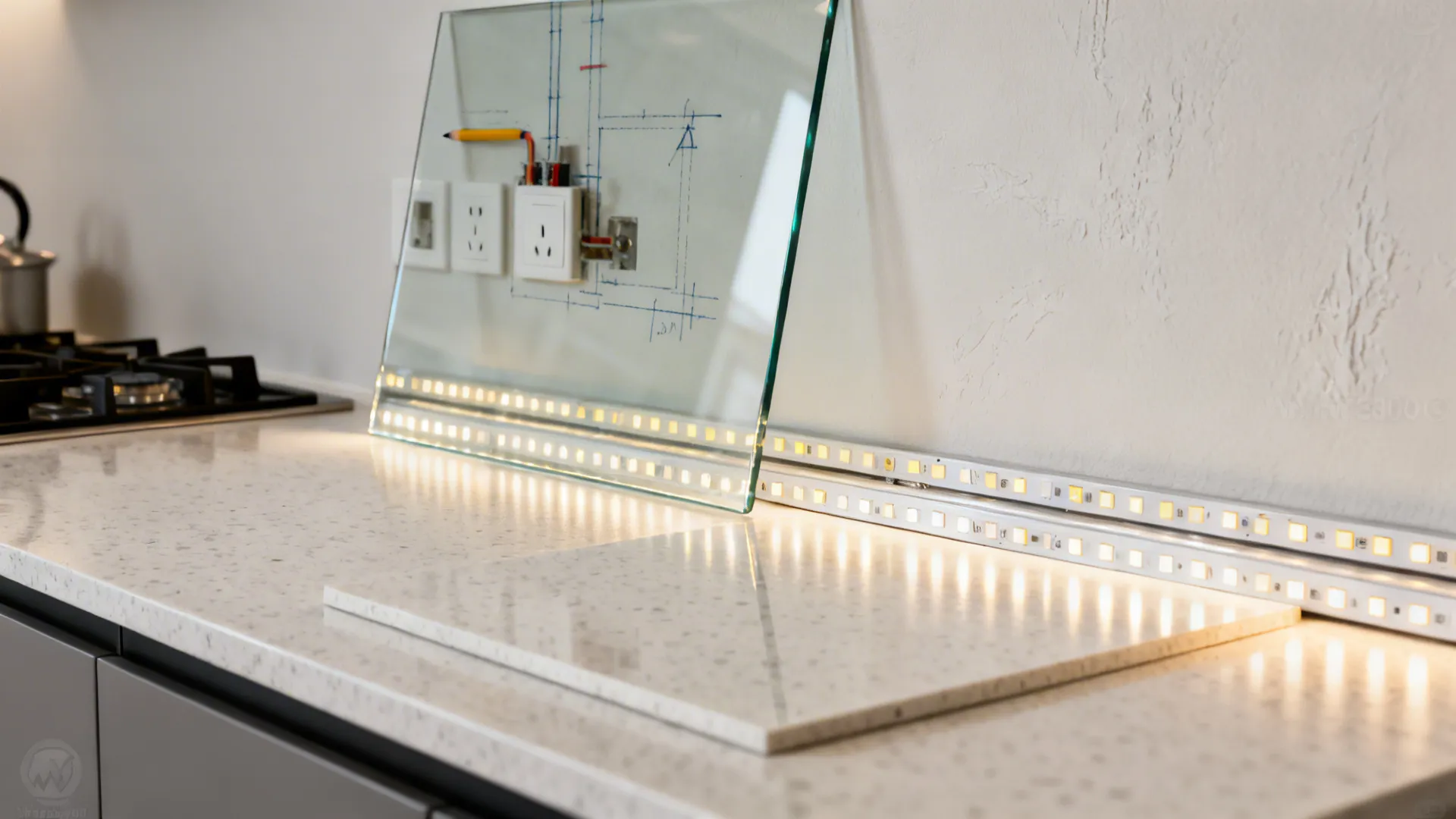 Clear acrylic simulating a glass backsplash with outlet marks and warm-cool LED tests.
