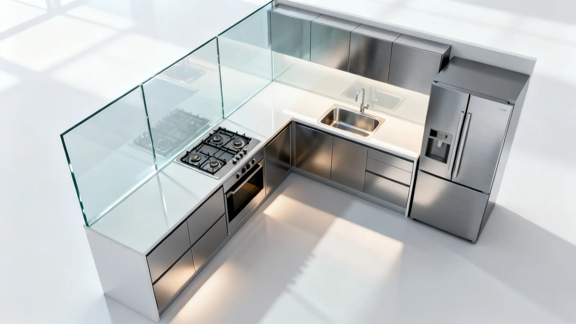 Modern kitchen interior design drawing with stainless steel cabinets silver fridge and glass wall panel protector