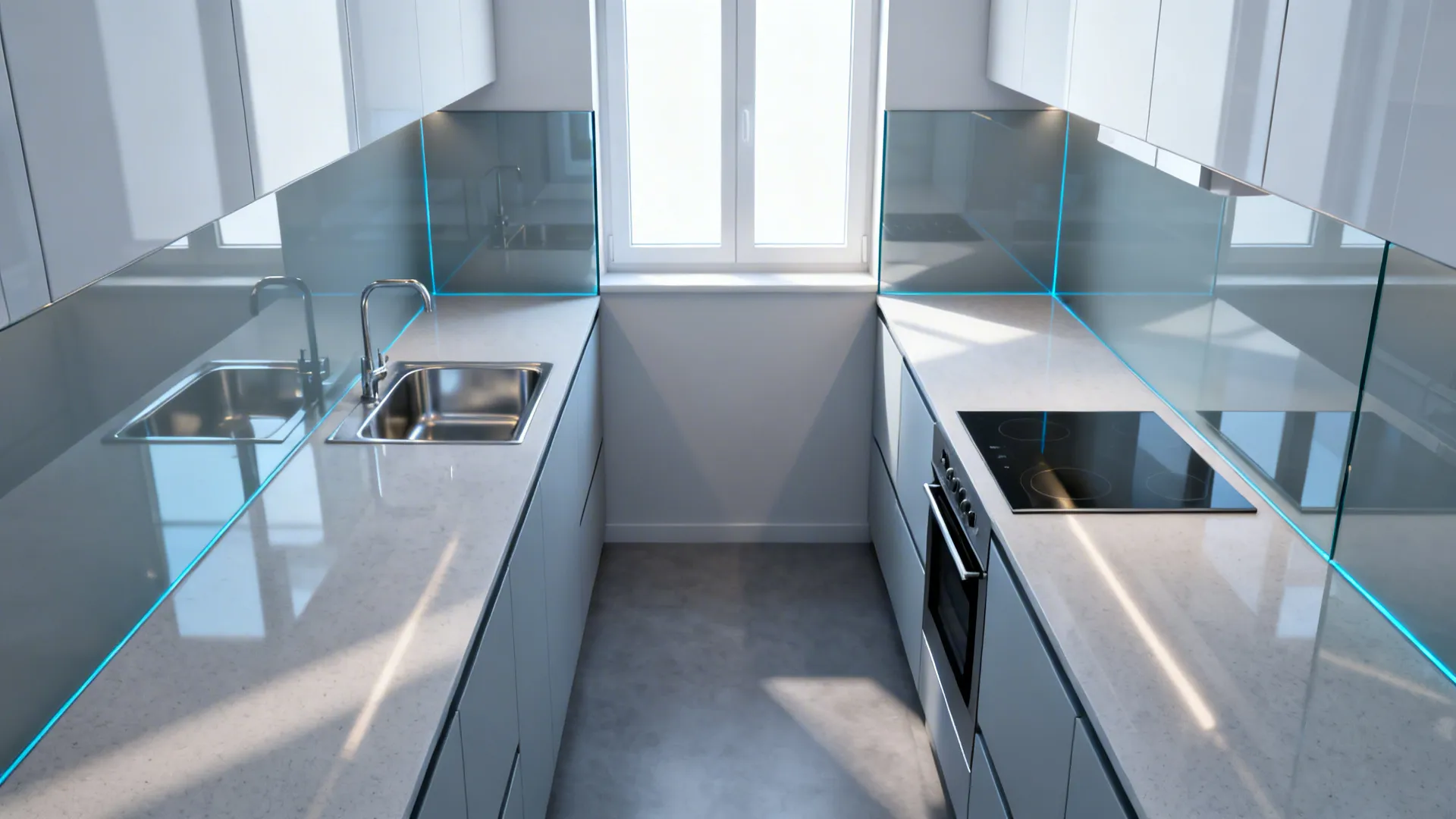 Top-down galley kitchen with a reflective glass backsplash extending the counter visually.