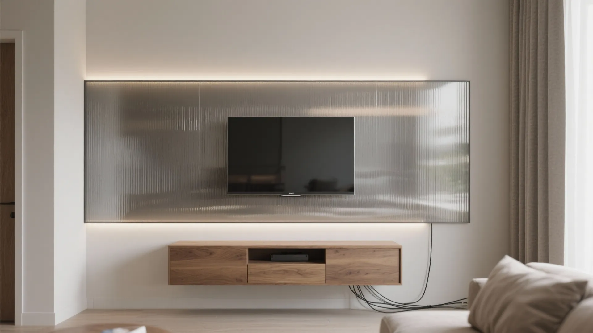 Glass backsplash behind the TV for light and depth