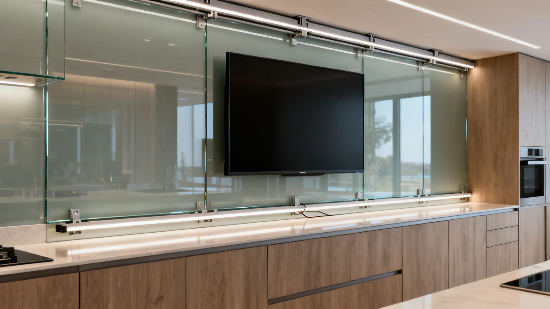 TV mounted on a glossy glass backsplash using a rail system with a hidden cable raceway.