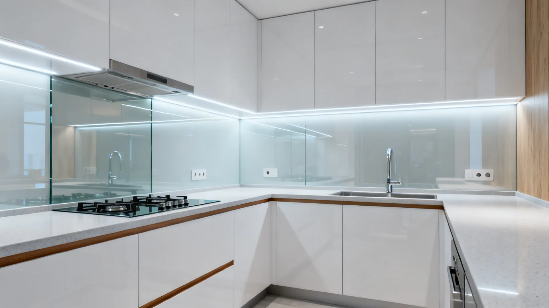 U-shaped kitchen with a low-iron glass backsplash reflecting cool LED task lights.