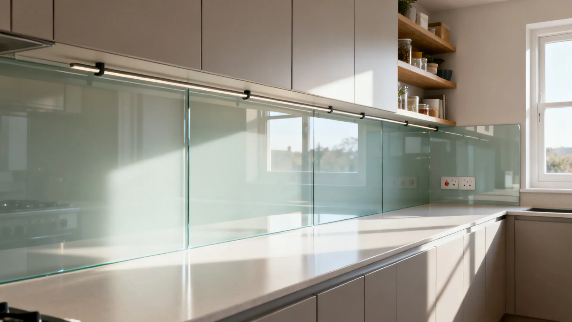 Narrow UK kitchen with a seamless low-iron glass backsplash reflecting daylight for added depth.
