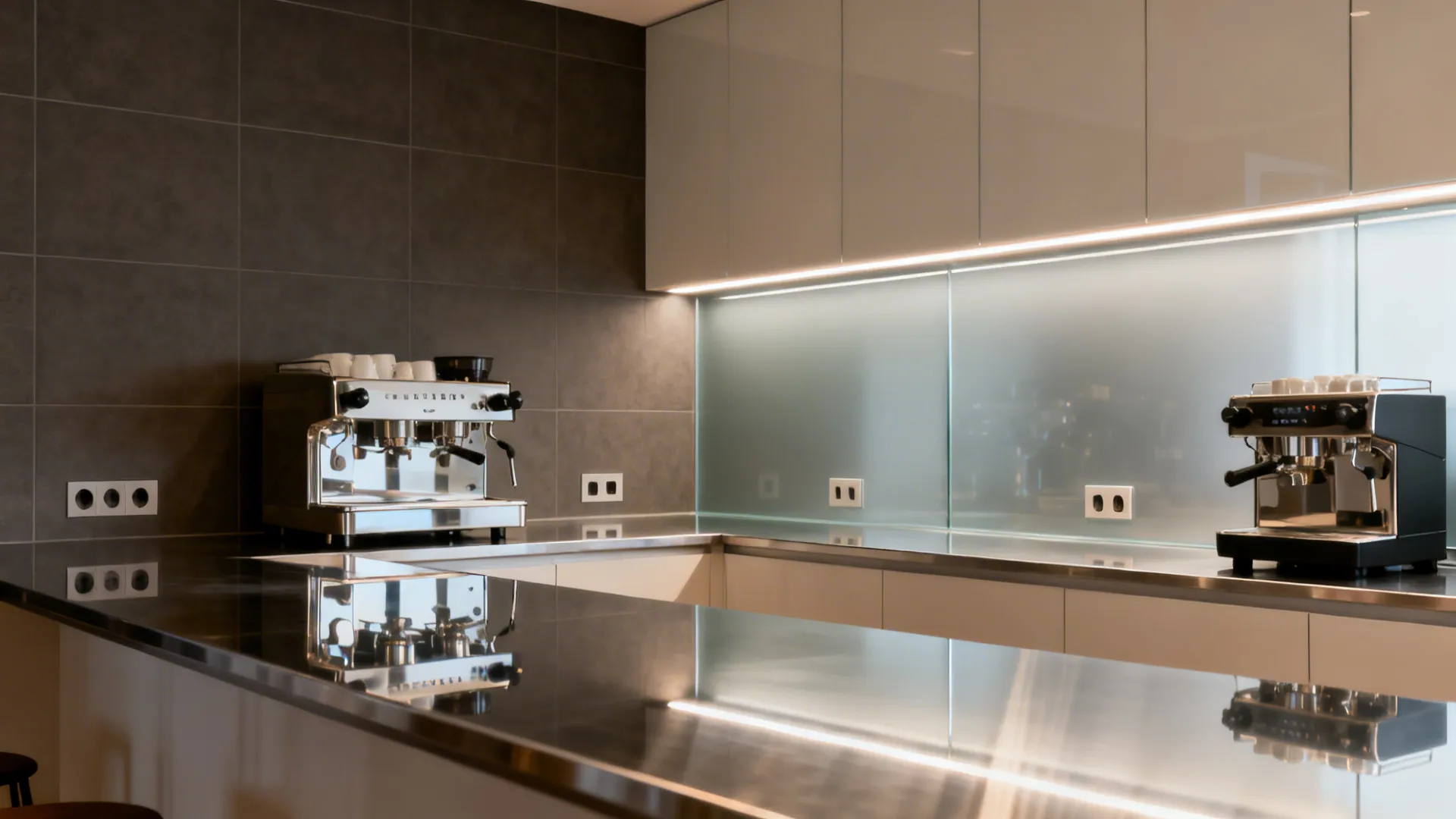 Before-and-after view showing a matte tile backsplash replaced with satin back-painted glass and LED lighting.