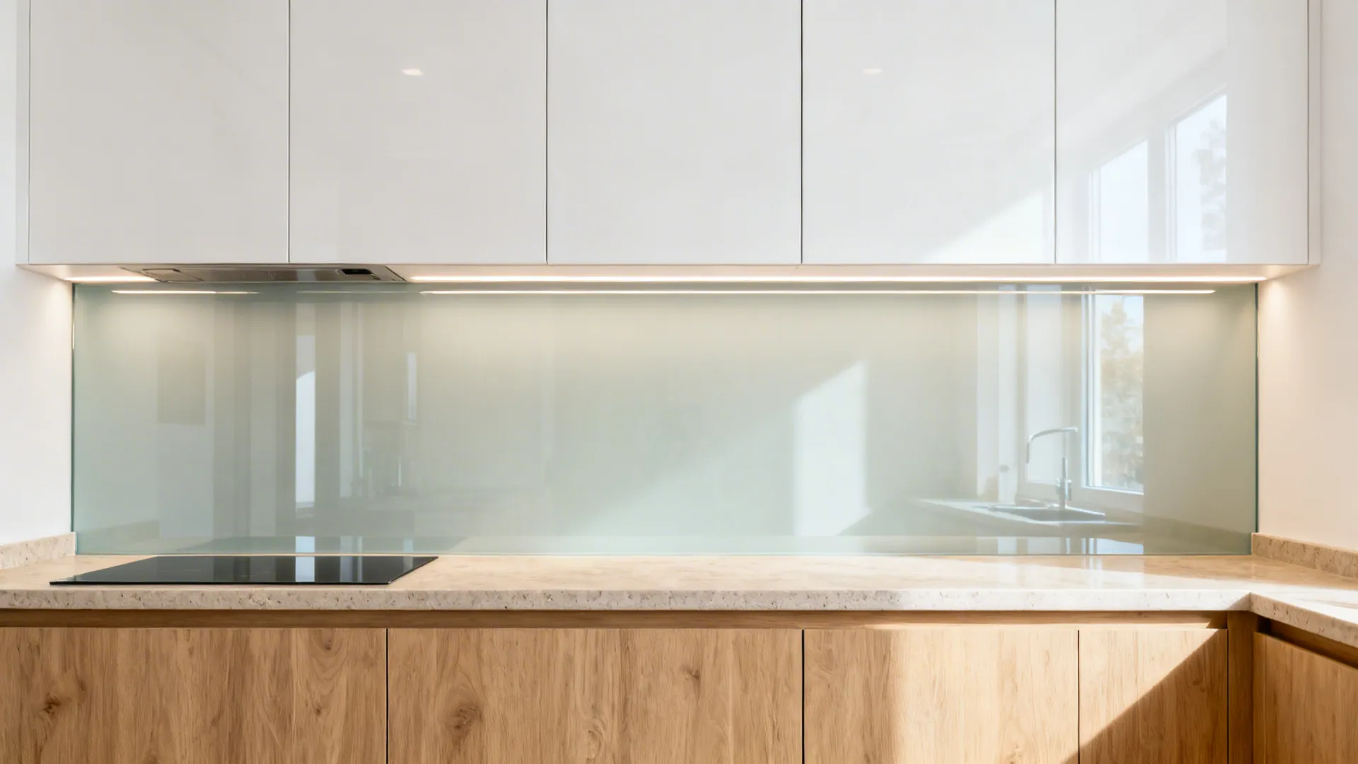 Small kitchen with a low-iron glass backsplash and shallow upper cabinets with LED lighting.