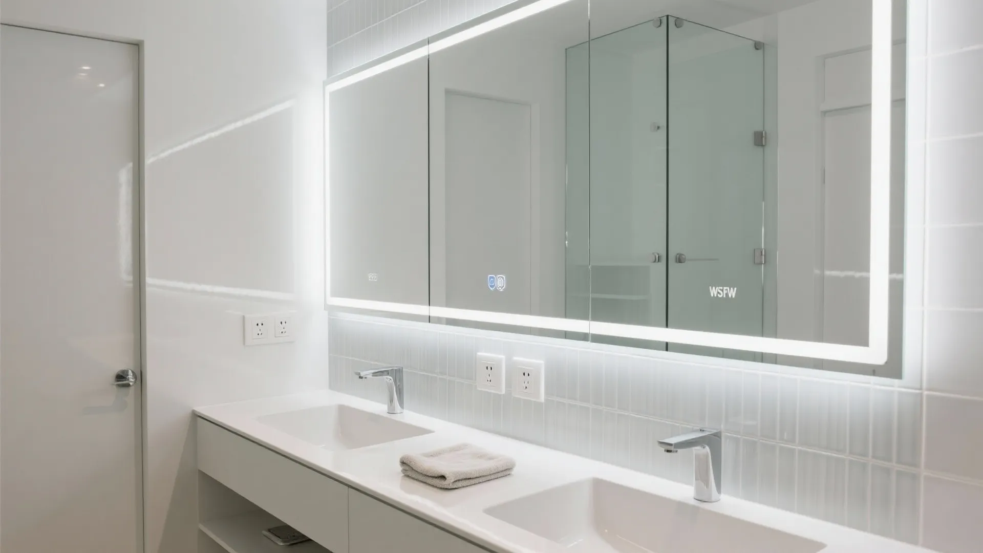 Modern white bathroom vanity featuring double sinks with chrome faucets and large LED lighted mirror