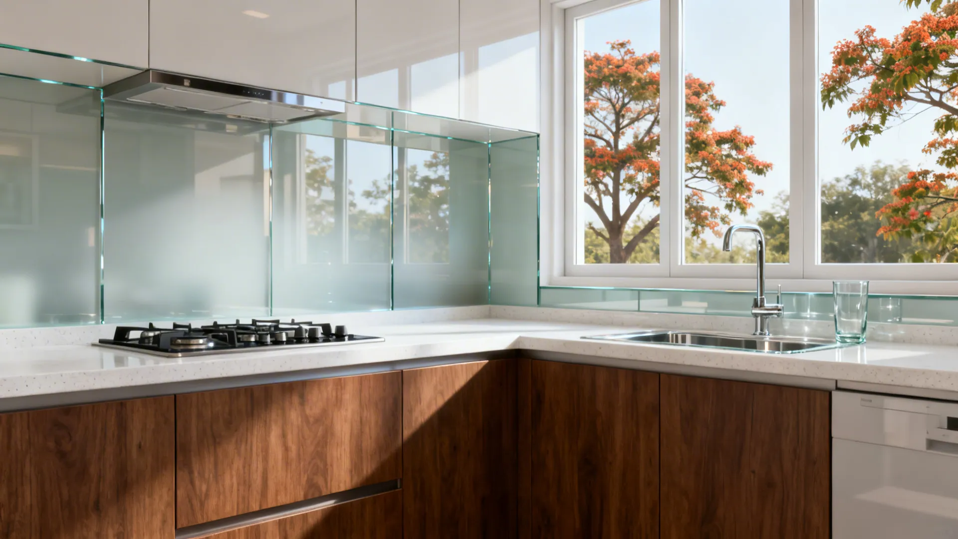 Glass backsplash reflecting soft daylight with a clear window view of chinar trees.