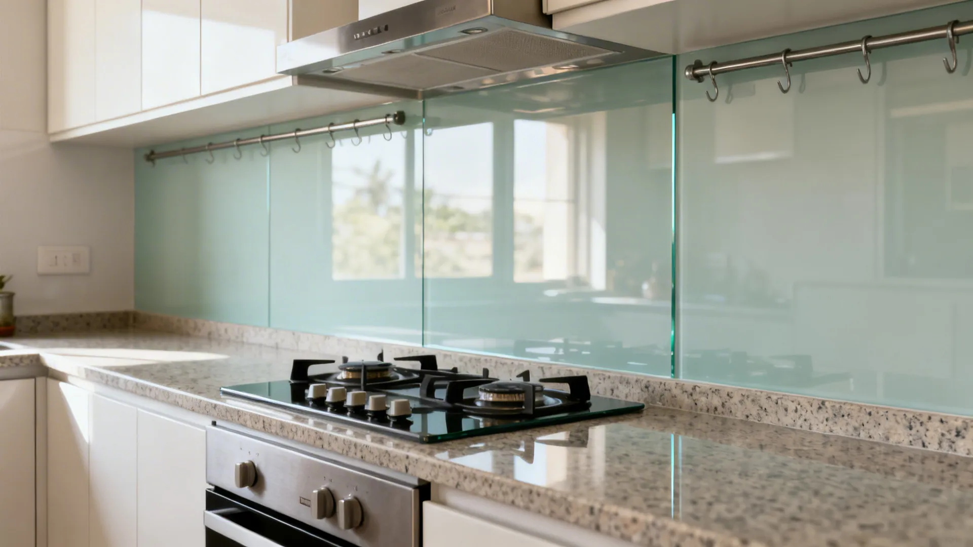 Tempered glass backsplash reflecting light above a quartz counter and hob.