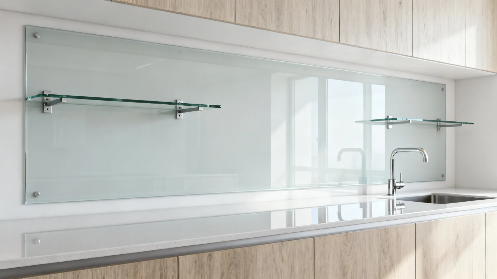 Modern kitchen featuring a glass backsplash with shelves above a white countertop and silver sink