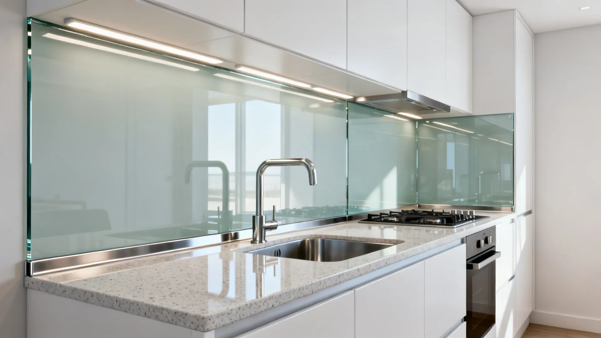Full-height low-iron glass backsplash reflecting LED light above a light quartz counter in a small kitchen.