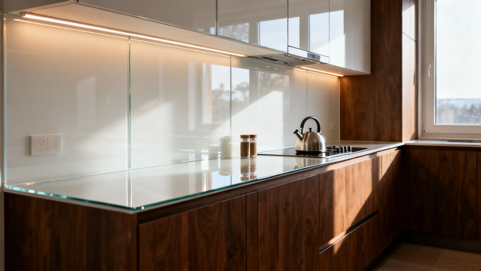 Glass backsplash to lighten wood tones