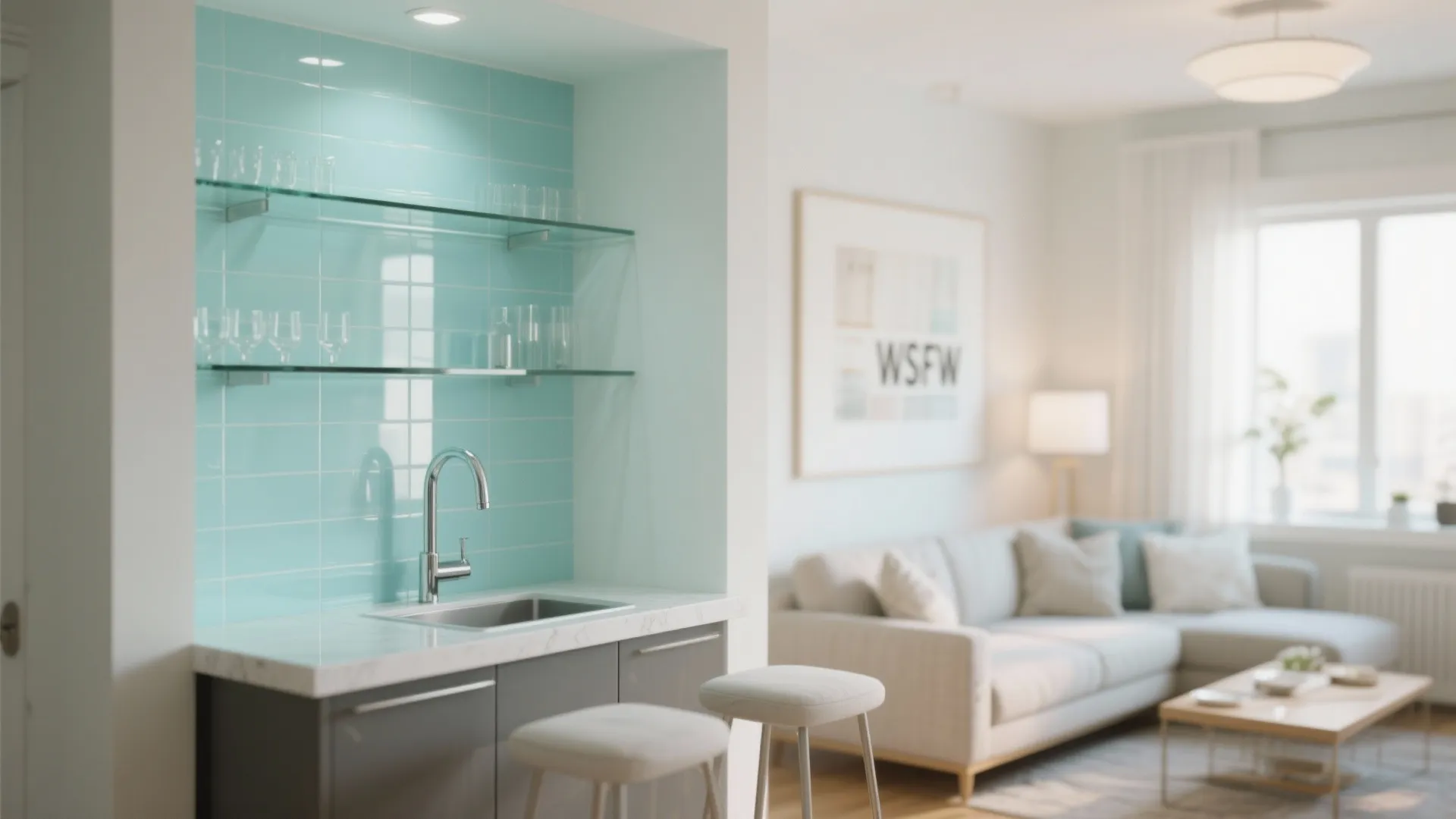 Small bar area with blue wall tiles glass shelves grey cabinet and white living room