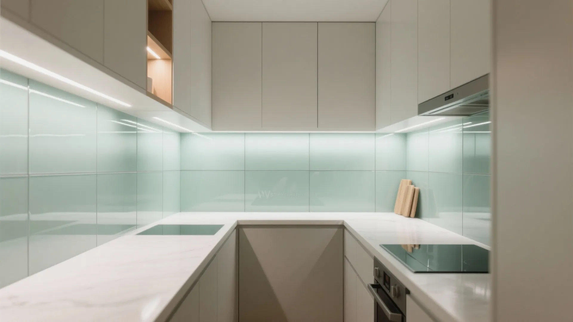 Glassy Backsplash That Opens the Room