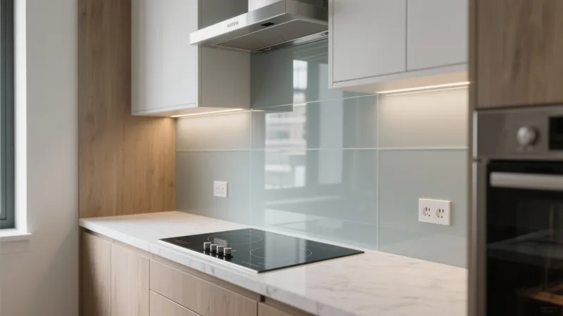 Modern Kitchen with Wood Accent and Glass Backsplash