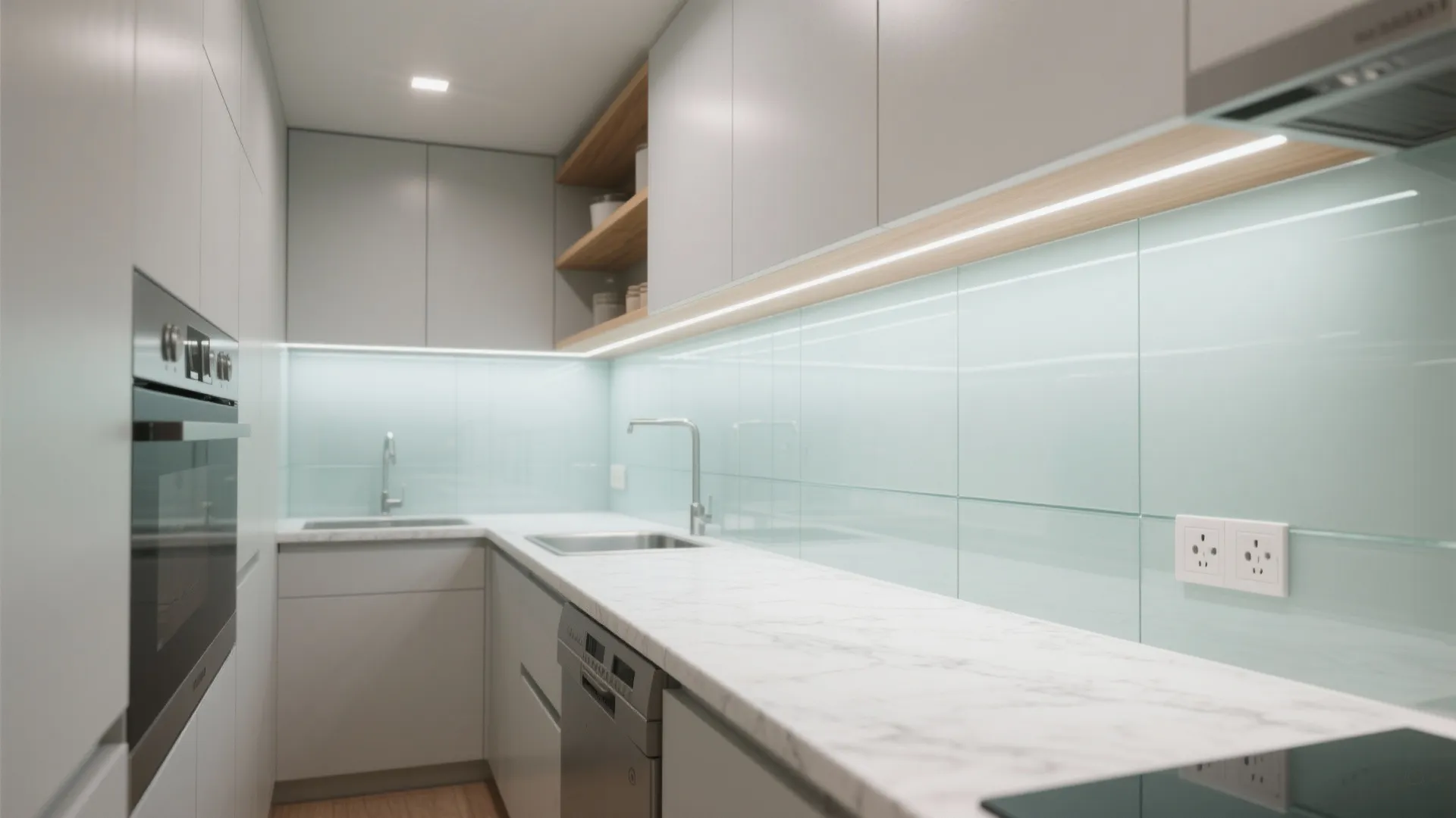 Transparent surfaces: glass backsplash and open sightlines