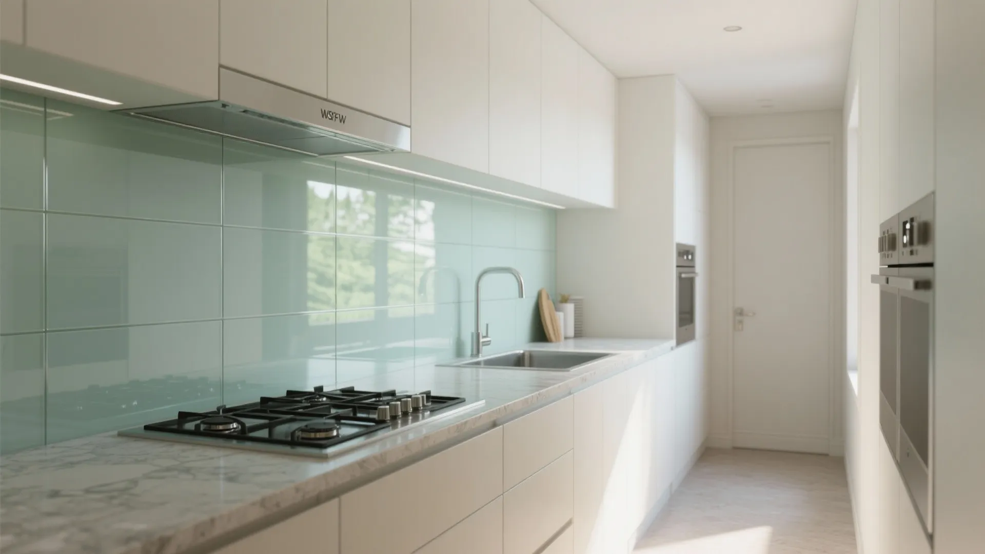 Modern white kitchen featuring light green glass wall panels with marble countertop and silver gas stove
