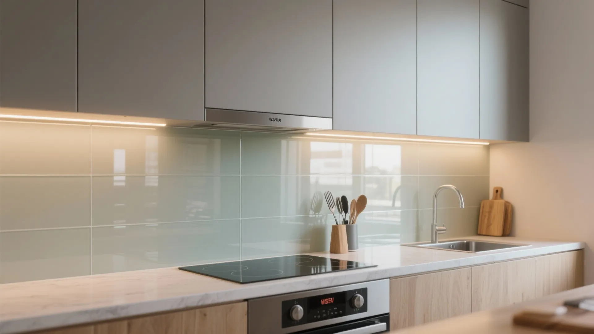Modern kitchen counter featuring glass wall panels, stove, sink, wood cabinets, and bright under-cabinet lighting