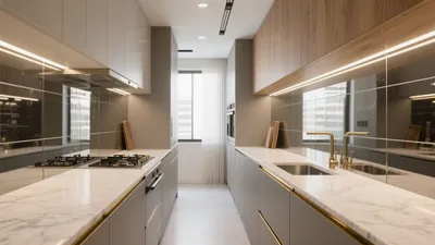 Modern Luxury Kitchen with Marble Countertops & Gold Accents