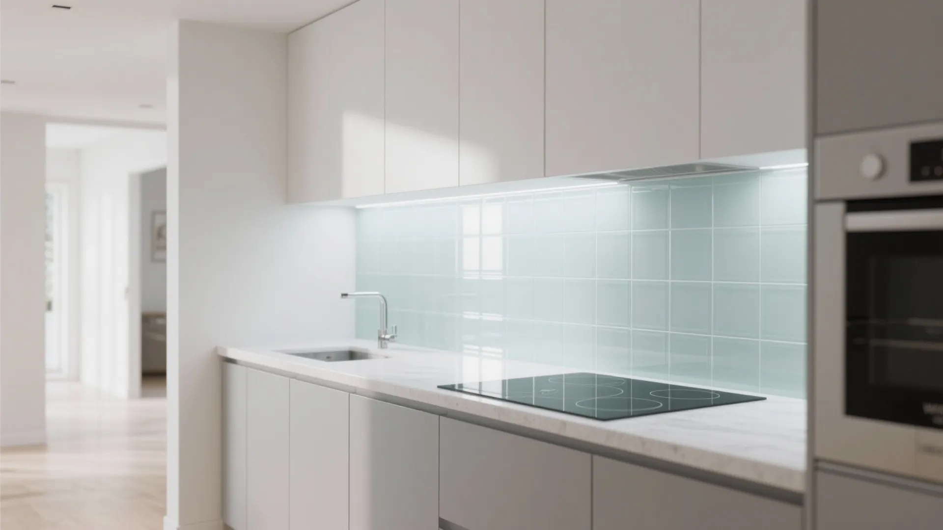 Transparent backsplash for a lighter feel