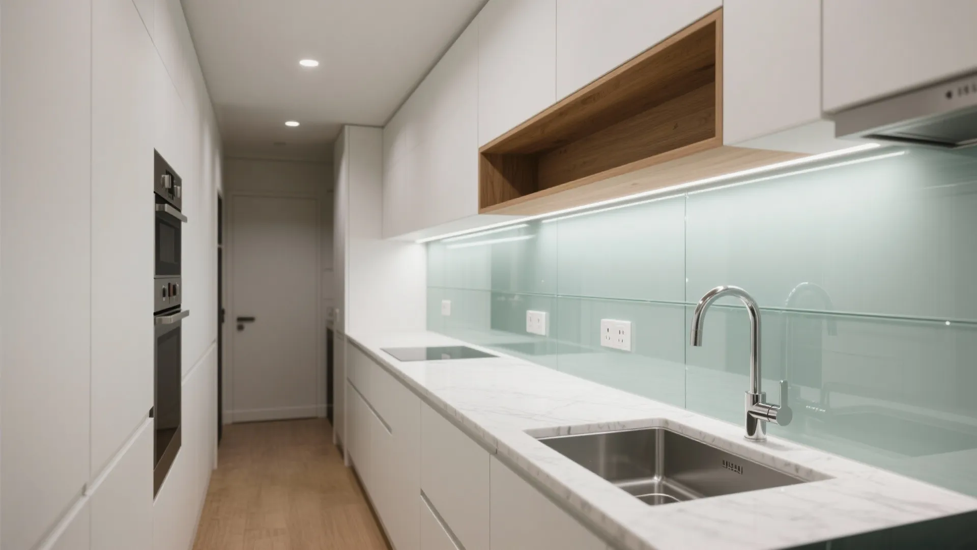 Modern narrow kitchen with white cabinets, marble countertop, light blue glass backsplash, sink, and faucet
