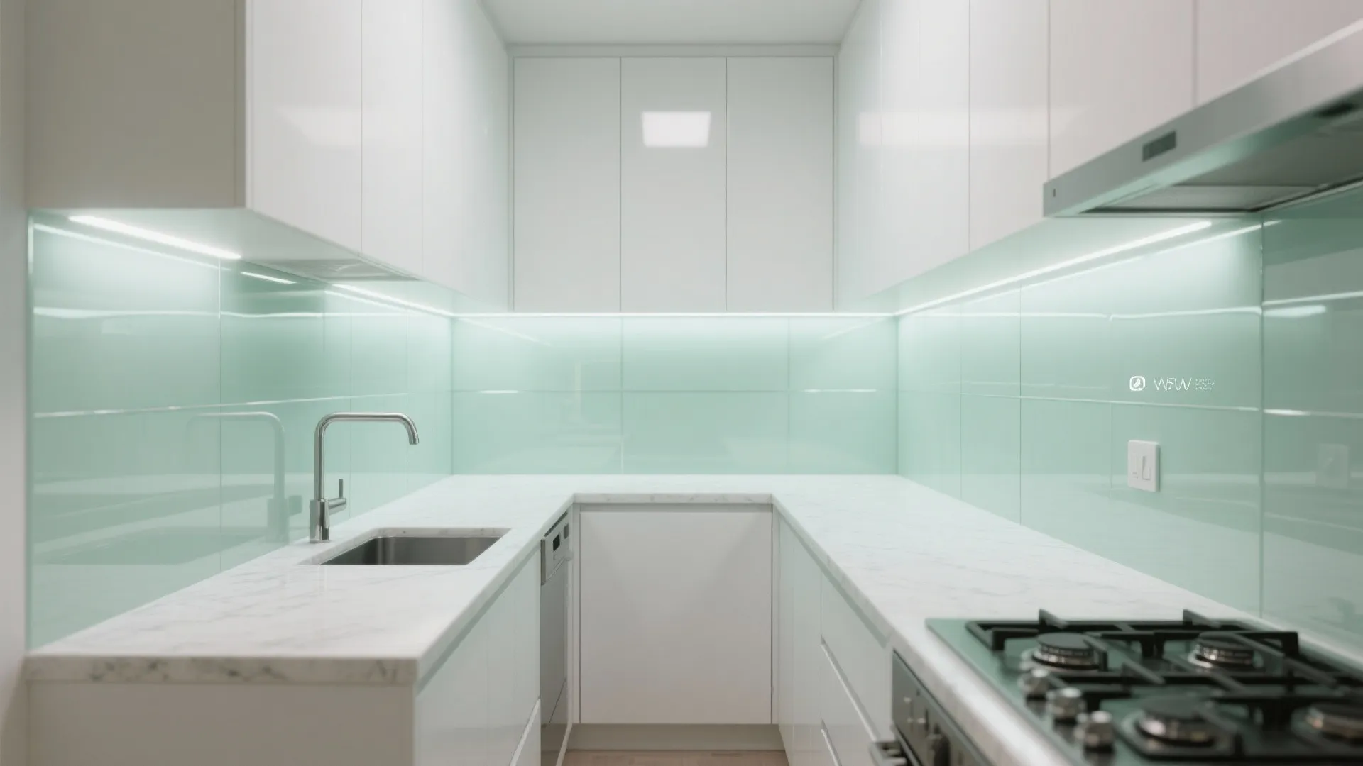 Small galley kitchen with low-iron tempered glass backsplash reflecting soft daylight.