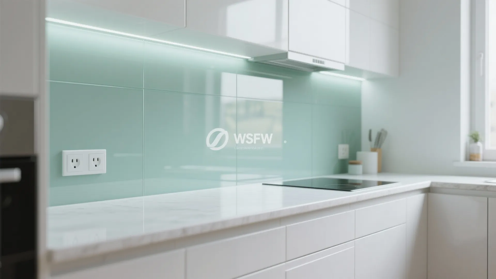 Modern white kitchen featuring light green glass wall panels above a clean white marble countertop