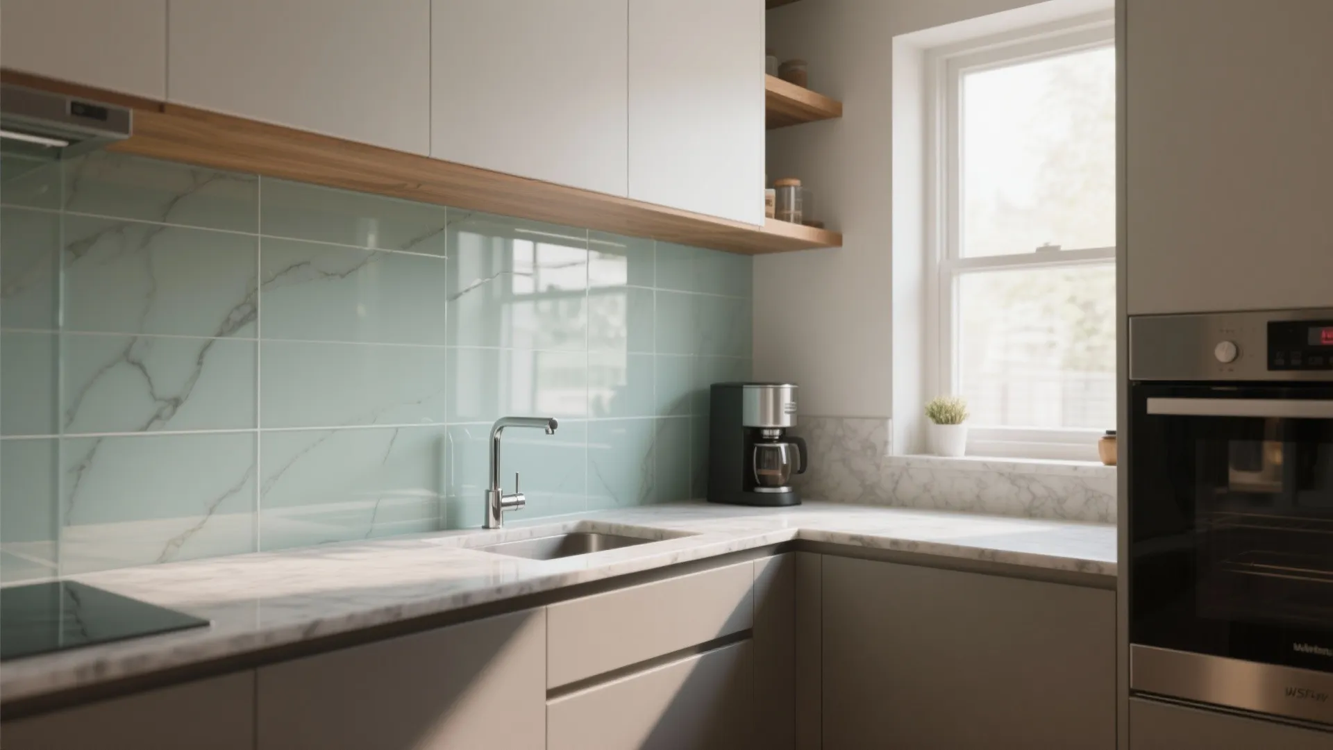 Glass backsplash for light and depth