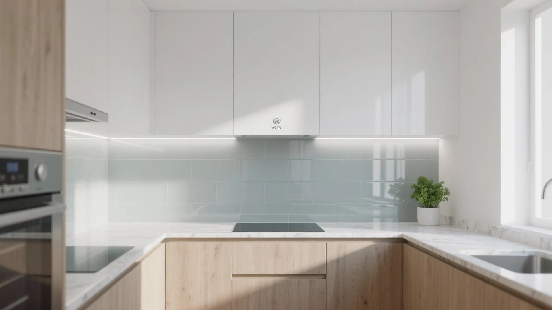 Modern kitchen with white cabinets light blue glass wall tiles marble countertops and wooden base cabinets