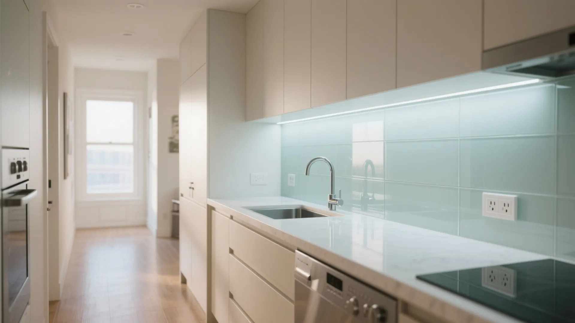 Low-iron glass backsplash reflects daylight to brighten a compact hall kitchen.