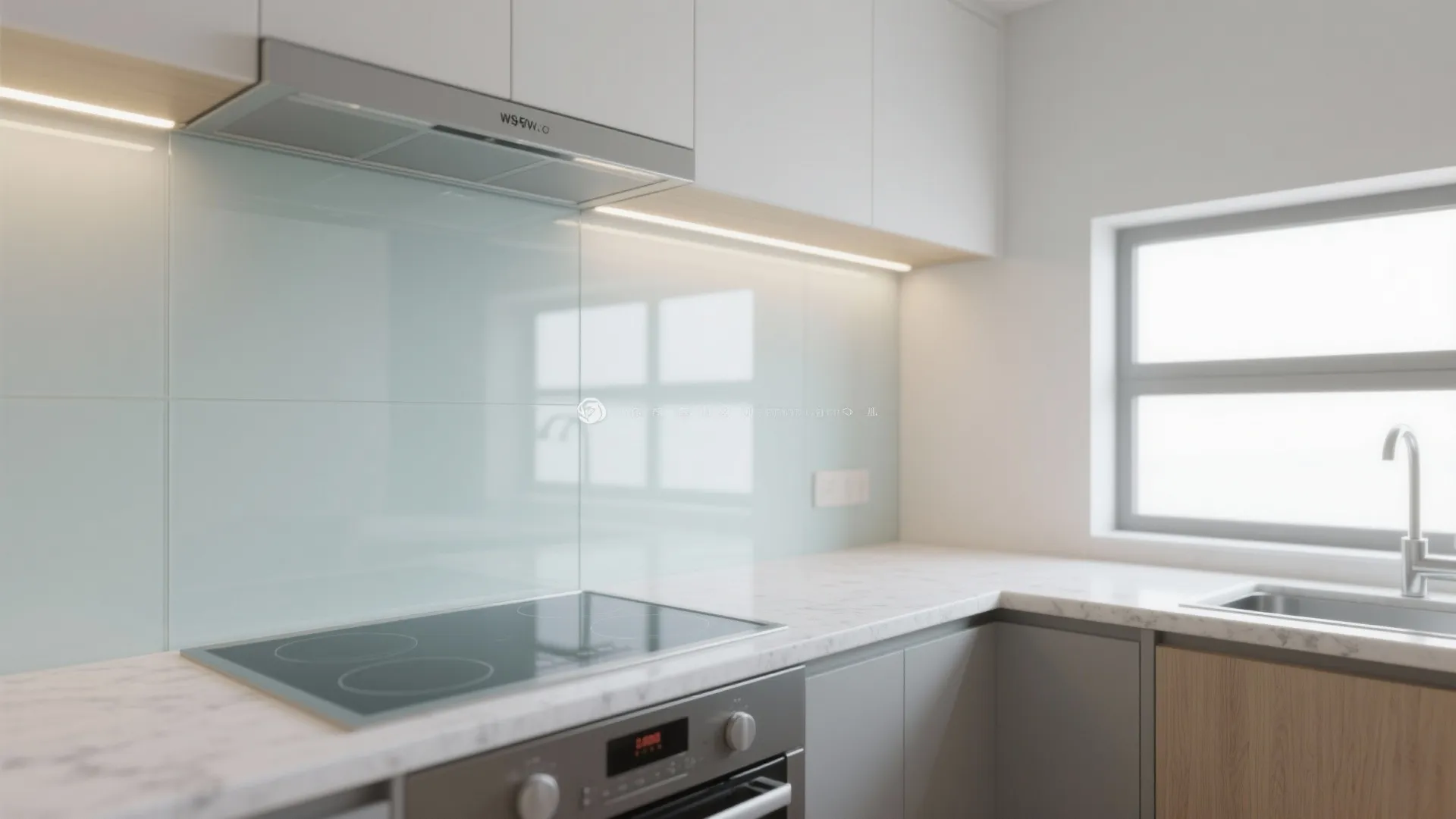 Modern kitchen with white marble countertop light blue glass wall panel and built in electric stove