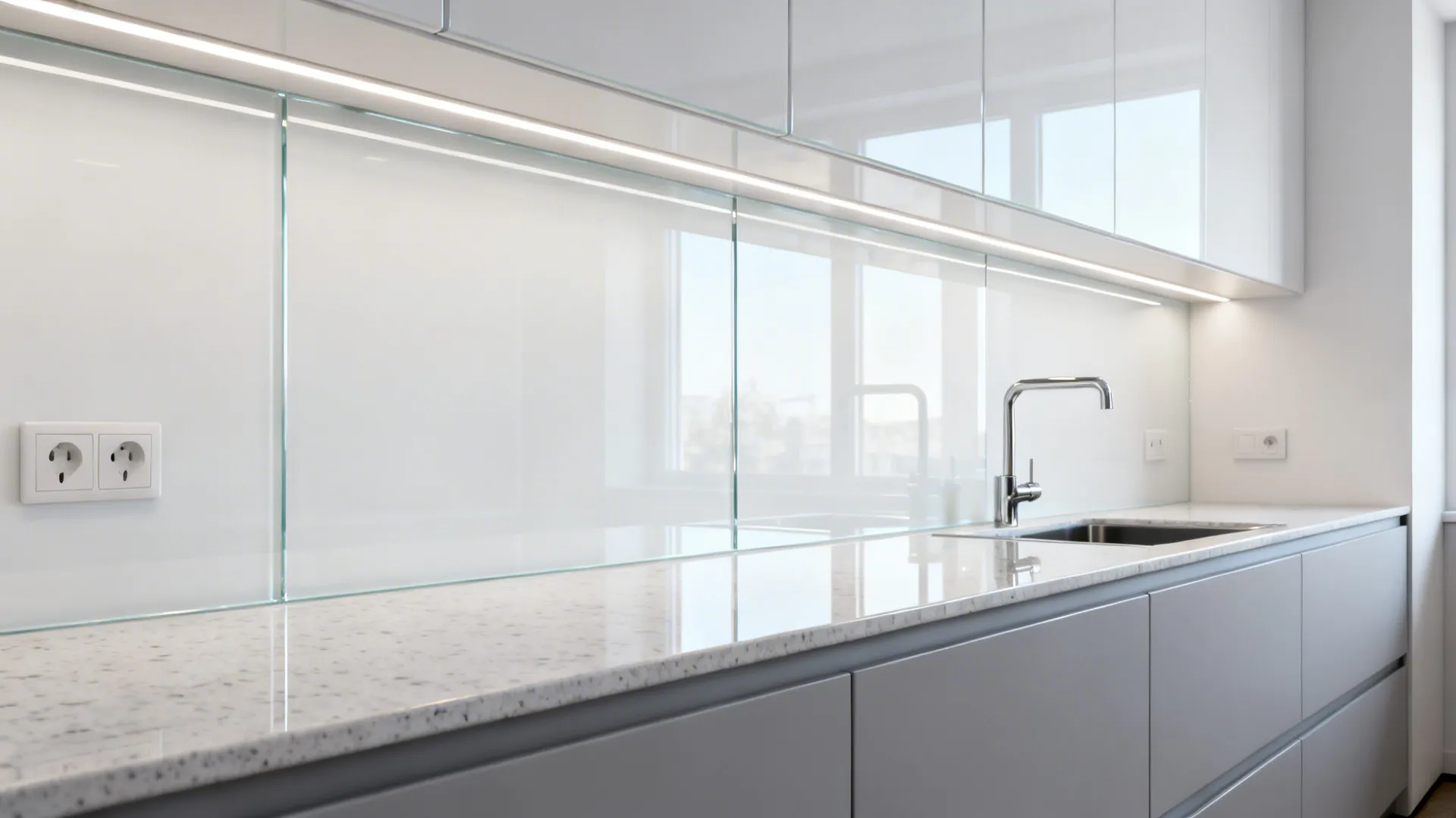 Low-iron glass backsplash reflecting soft daylight above a quartz counter in a compact kitchen.