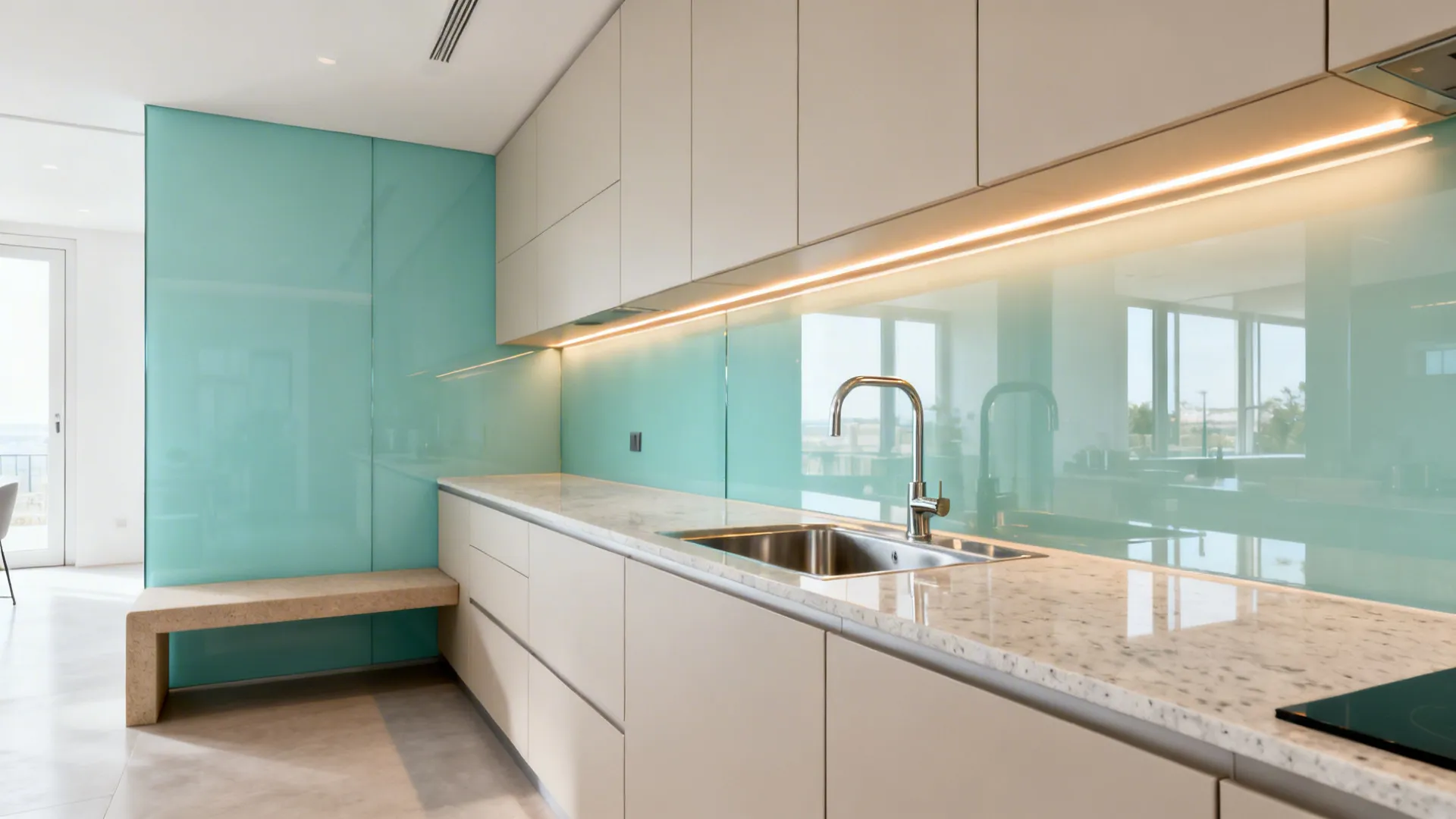 Aqua-tinted back-painted glass backsplash reflecting light beside a katta bench.