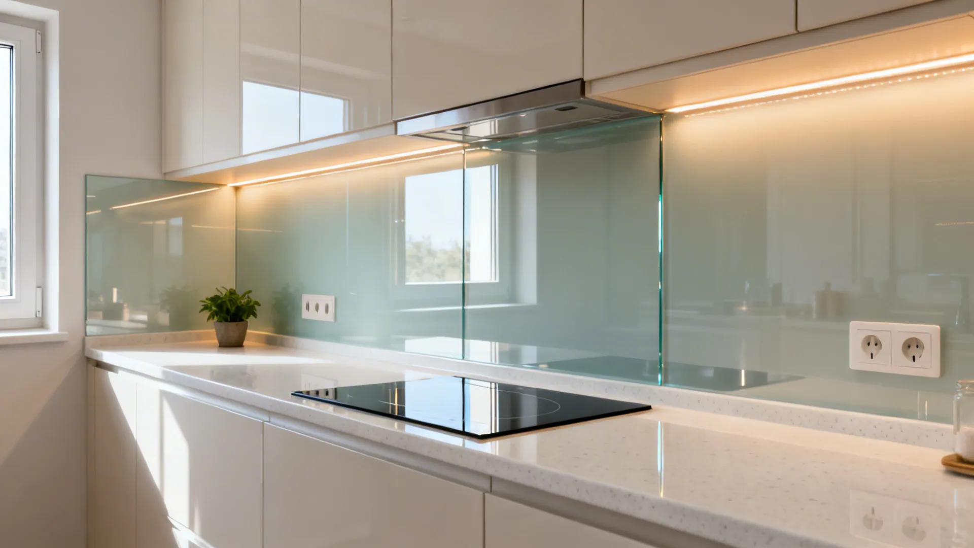 Modern kitchen with white cabinets glass backsplash black stove under cabinet lighting and marble look countertop