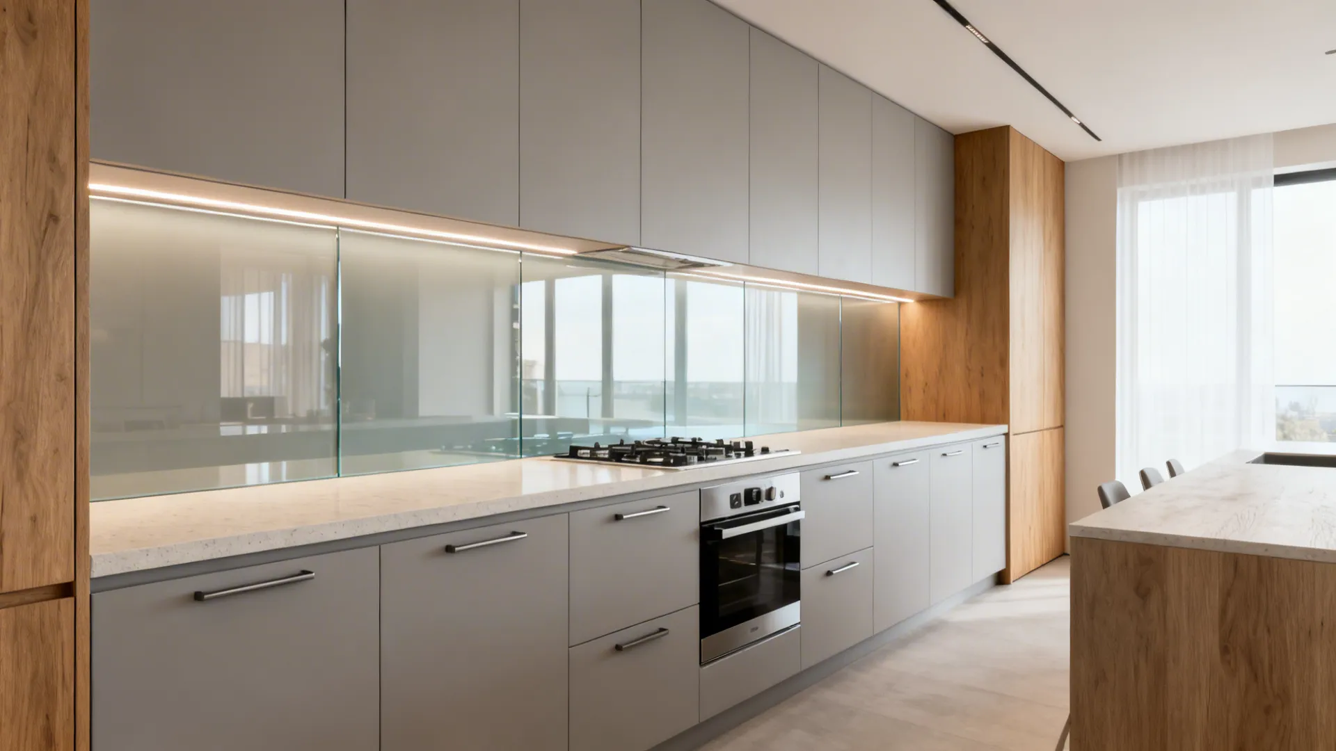 L-shaped kitchen with continuous low-iron glass backsplash reflecting soft daylight and LED lighting.