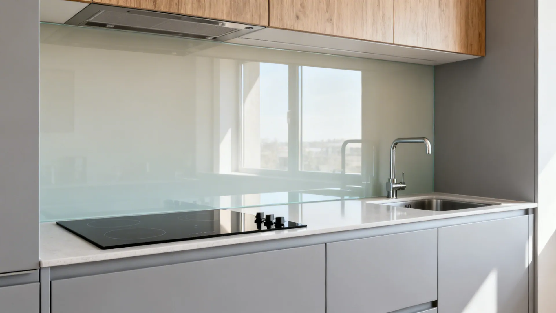 Glass backsplash for light and cleanability