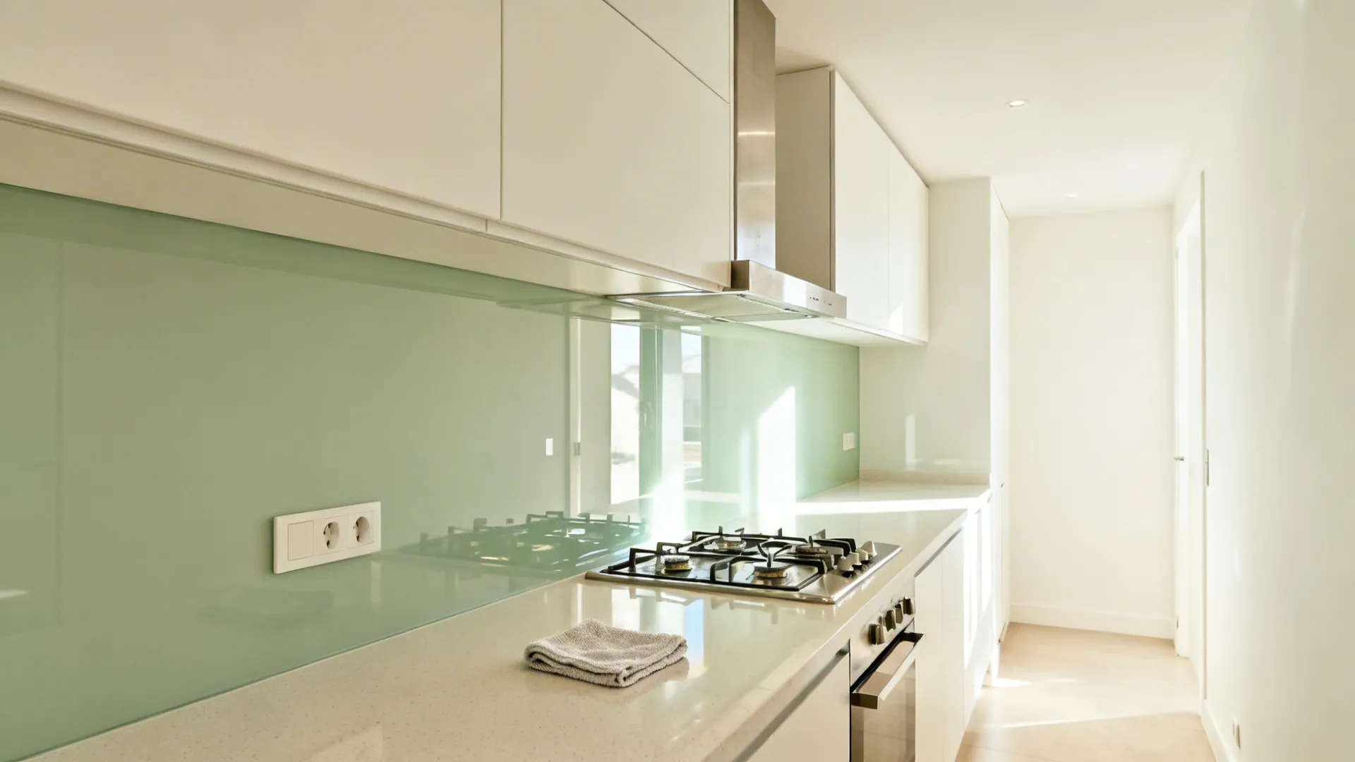 Narrow galley kitchen with soft sage glass backsplash reflecting daylight.