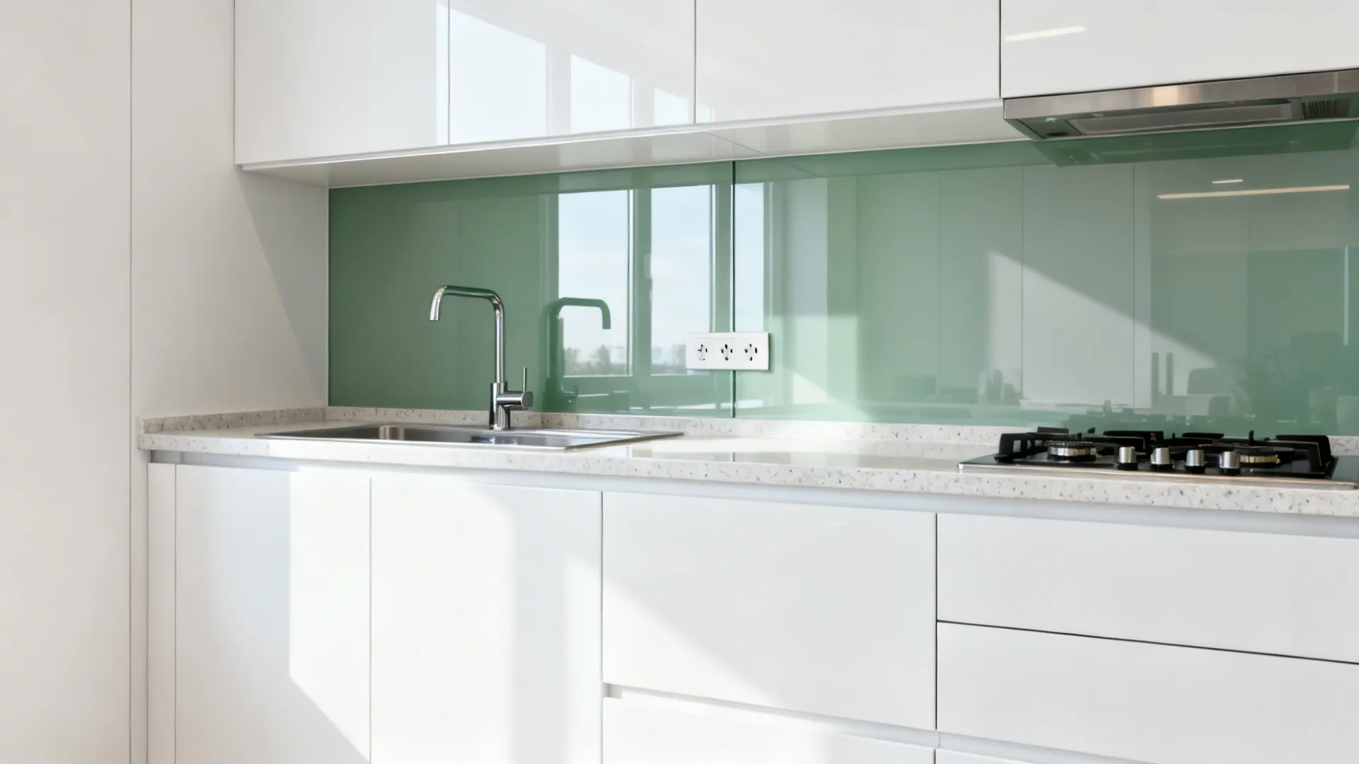 Compact kitchen with continuous tempered glass backsplash reflecting light